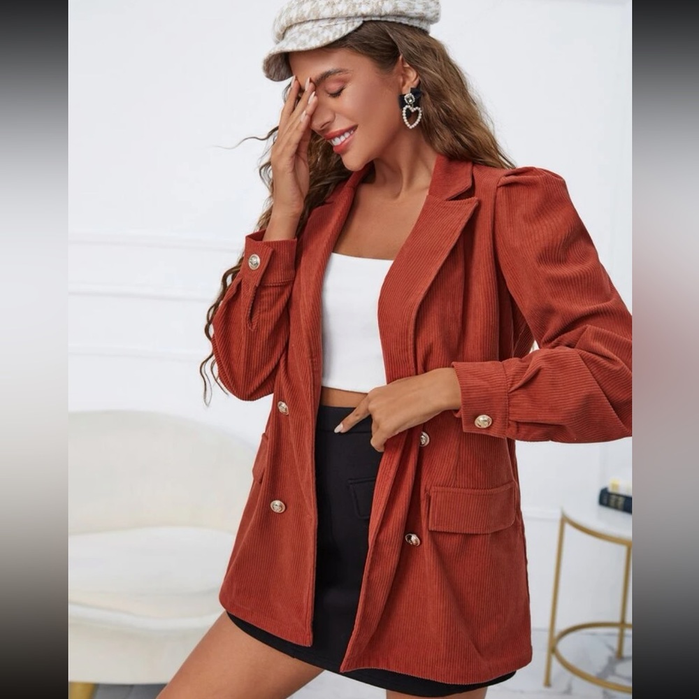 puff sleeves double breasted corduroy blazer